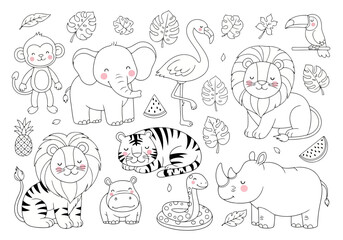 Obraz premium Cute hand drawn jungle animal collection for coloring book page