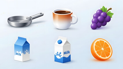 Assortment of food and beverages including grapes coffee milk and orange.