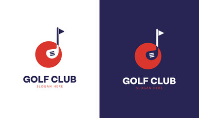 Modern golf club logo design featuring a minimalist red circle, stylized golf flag, and club icon.