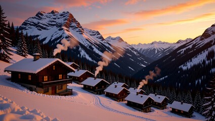 Snowy mountain chalets with smoke at sunset