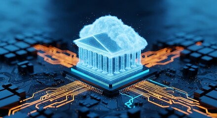 Glowing blue digital representation of a classical bank building with a cloud on top, sitting on a computer chip with orange circuit lines, symbolizing fintech and cloud banking