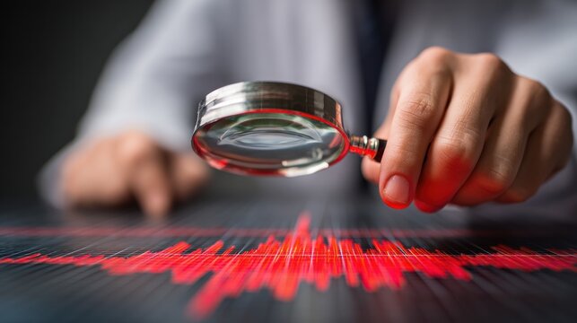 A hand holding a magnifying glass over a digital stock market graph. - Powered by Adobe