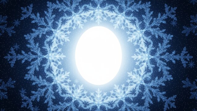 Snowflake circle around bright sun on dark blue background