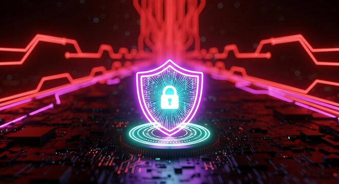 Glowing neon shield with padlock icon symbolizing digital security and data protection on a futuristic circuit board background - Powered by Adobe