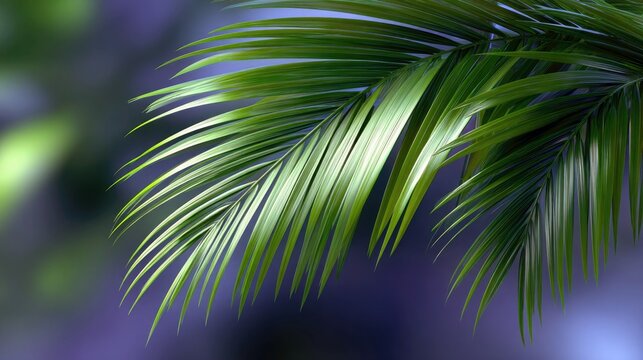 Close-up of vibrant green palm fronds with a soft, blurred background. The leaves are illuminated by sunlight, creating a sense of freshness and natural beauty.