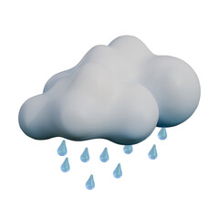 A 3D illustration of a soft white cloud with bright blue raindrops falling below.