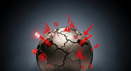 Global economic recession concept with cracked earth and falling stock charts, representing financial crisis and market crash, economic depression and uncertainty