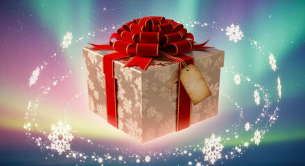 Sparkling silver gift box tied with a bright red ribbon and bow surrounded by magical twinkling lights and aurora borealis
