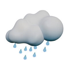 A 3D illustration of a soft white cloud with bright blue raindrops falling below.