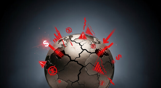 Global economic recession concept with cracked earth and falling stock charts, representing financial crisis and market crash, economic depression and uncertainty