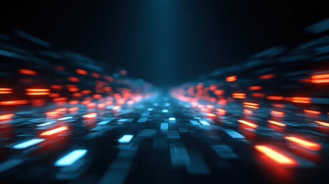 A dark, futuristic tunnel with glowing red and blue lights, creating a high-tech, digital atmosphere.