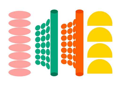 Abstract diagram illustrating a multistage process with colored shapes representing data flow or transformation steps
