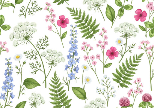 Watercolor seamless pattern with delicate wildflowers, ferns, and clover