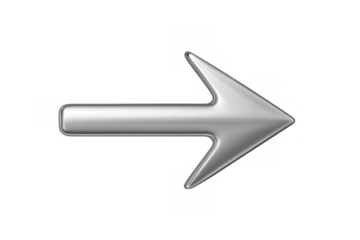 Silver metallic arrow graphic icon pointing right, symbolizing direction, navigation, and growth with transparent background