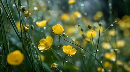 Close-up of vibrant yellow buttercup flowers with dew drops on petals and stems in a lush green garden after rain.