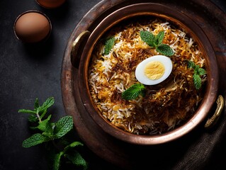 Delicious egg biryani served in a traditional copper pot