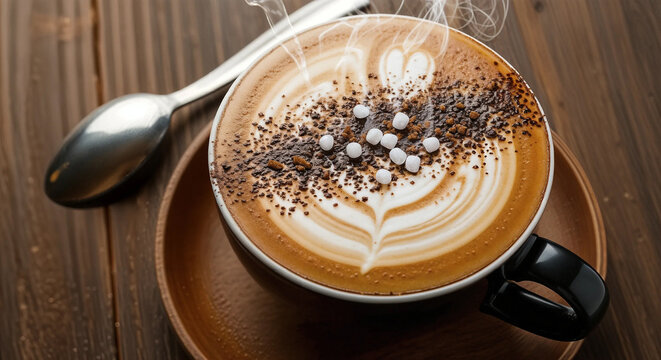A warm cup of steaming latte coffee, featuring beautiful latte art and chocolate sprinkles, on a wooden table