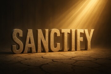 The word &ldquo;SANCTIFY&rdquo; etched into rugged stone with soft golden beams, representing holiness, consecration, and spiritual dedication.