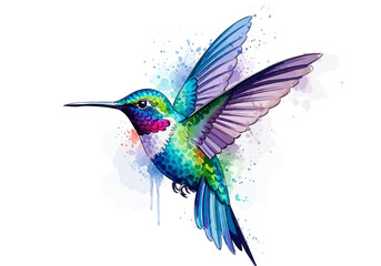 Obraz premium Watercolor painting of a vibrant, iridescent hummingbird in flight with wings spread