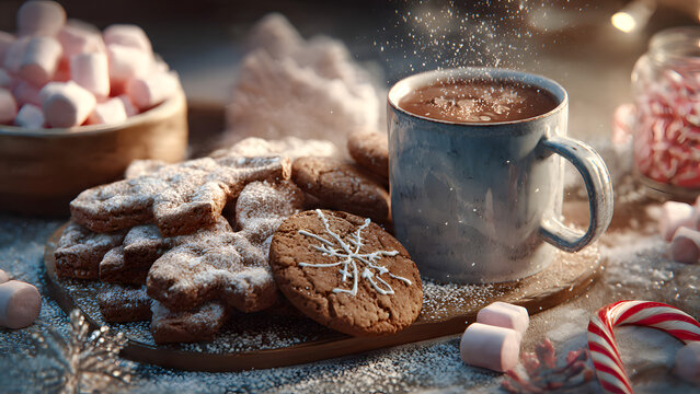 Cozy christmas hot chocolate and cookies with marshmallows and candy canes