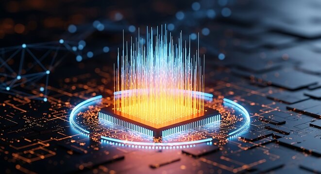 Abstract glowing central processing unit chip with vibrant blue and orange data streams symbolizing artificial intelligence and digital technology processing - Powered by Adobe