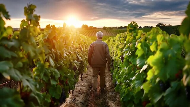 Man walking through vineyard during sunset agricultural scene