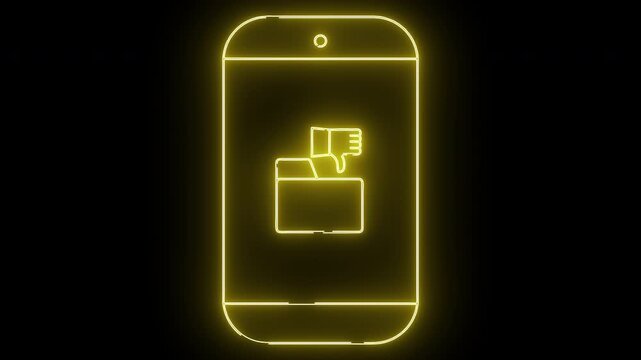 Yellow neon outline of phone displaying thumbsdown icon above open folder on black background