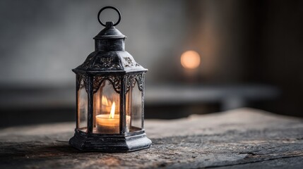 A vintage lantern with a candle inside, emitting a warm glow on a wooden table.