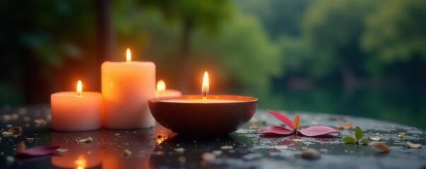 Burning candles surround a peaceful meditation area, stillness, home