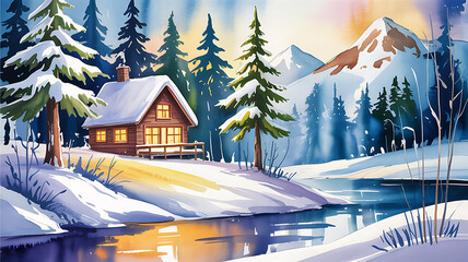 Artistic watercolor illustration of a cozy wooden cabin nestled in a serene, snowy mountain forest by a river