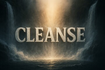 The 3D word &ldquo;CLEANSE&rdquo; carved in marble, set before cascading water and radiant light, symbolizing purification and renewal.