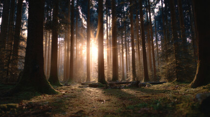 Fototapeta premium Magical sunrise in a quiet woodland filled with soft golden light, creating a peaceful and dreamy forest atmosphere perfect for nature, meditation, and inspirational concepts