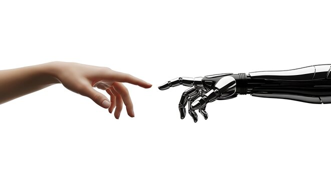 Human hand reaching out to touch a robotic arm finger, symbolizing the connection between humanity and artificial intelligence, isolated on white background