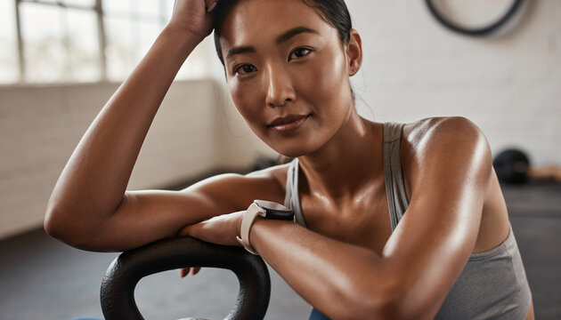 Portrait of a determined young Asian woman resting after an intense kettlebell workout in a modern fitness gym, looking confidently at the camera