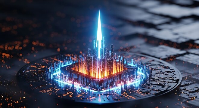 Abstract glowing futuristic microchip or cpu processor core emitting bright blue and orange light on a dark technological surface background