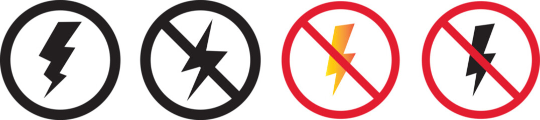 No Lightning Electricity and Prohibition symbol Icons Set, black icons, power outage, bright warning sign, Antistatic material flash design illustration,
