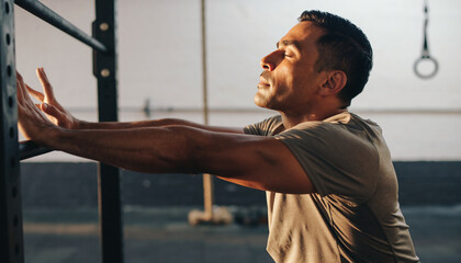 Determined athletic man pushing through exhaustion during an intense functional fitness workout in a gritty gym
