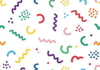 Fototapeta premium Seamless abstract pattern with colorful doodle confetti, squiggles, and dots on a for a fun, playful design