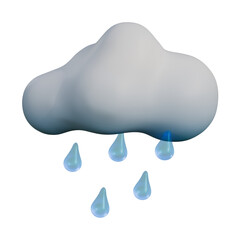 A 3D illustration of a soft white cloud with bright blue raindrops falling below.