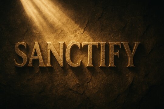 The word &ldquo;SANCTIFY&rdquo; etched into rugged stone with soft golden beams, representing holiness, consecration, and spiritual dedication.