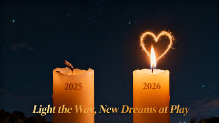 Year candles and heart-shaped flames, New Year's alternation, hope inheritance, and dream departure, suitable for holiday blessings and New Year's Eve promotional materials.
