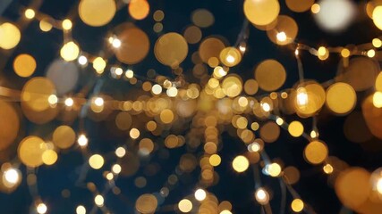 Abstract tunnel of defocused golden fairy lights with bokeh effect against a dark blue background - Powered by Adobe