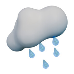 A 3D illustration of a soft white cloud with bright blue raindrops falling below.