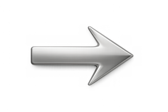 Shiny silver metal arrow icon pointing right. Representing direction, navigation, next, forward, success, progress. Transparent background