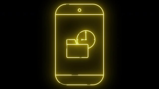Yellow neon outline of phone with folder and clock icons against a black background