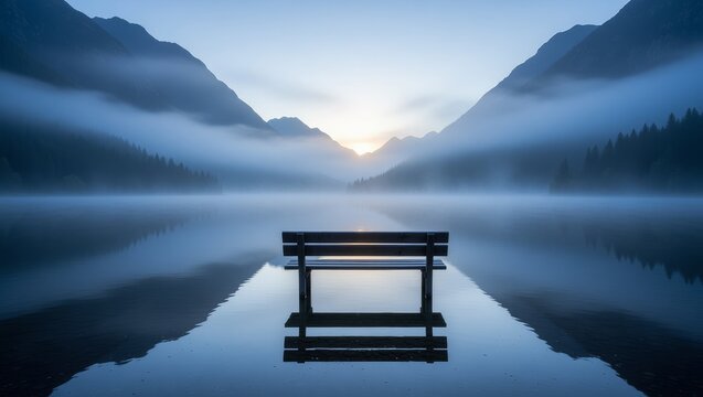 Bench on misty lake at sunrise with mountain reflection