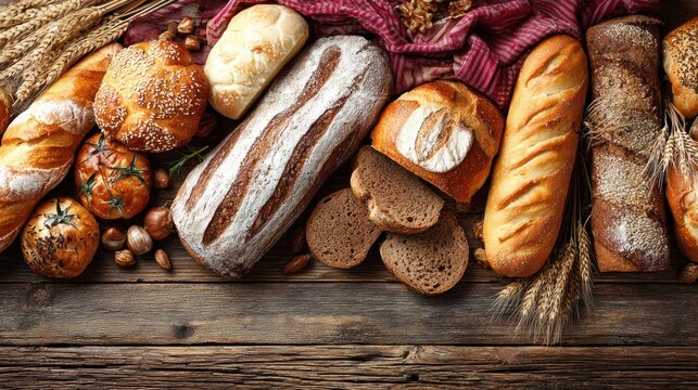 Various types of bread on a wooden table with a red and white cloth.