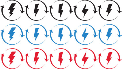 Renewable energy electricity circle icon set, power icon energy icon sign collection, Line and glyph flash sign,
