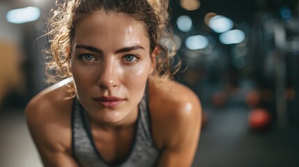 Close-up portrait of a determined woman taking a break during her workout at the gym.