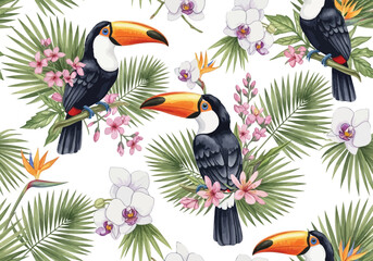 Obraz premium Seamless watercolor pattern with toucan bird, tropical palm leaf, orchid flower, and bird of paradise on